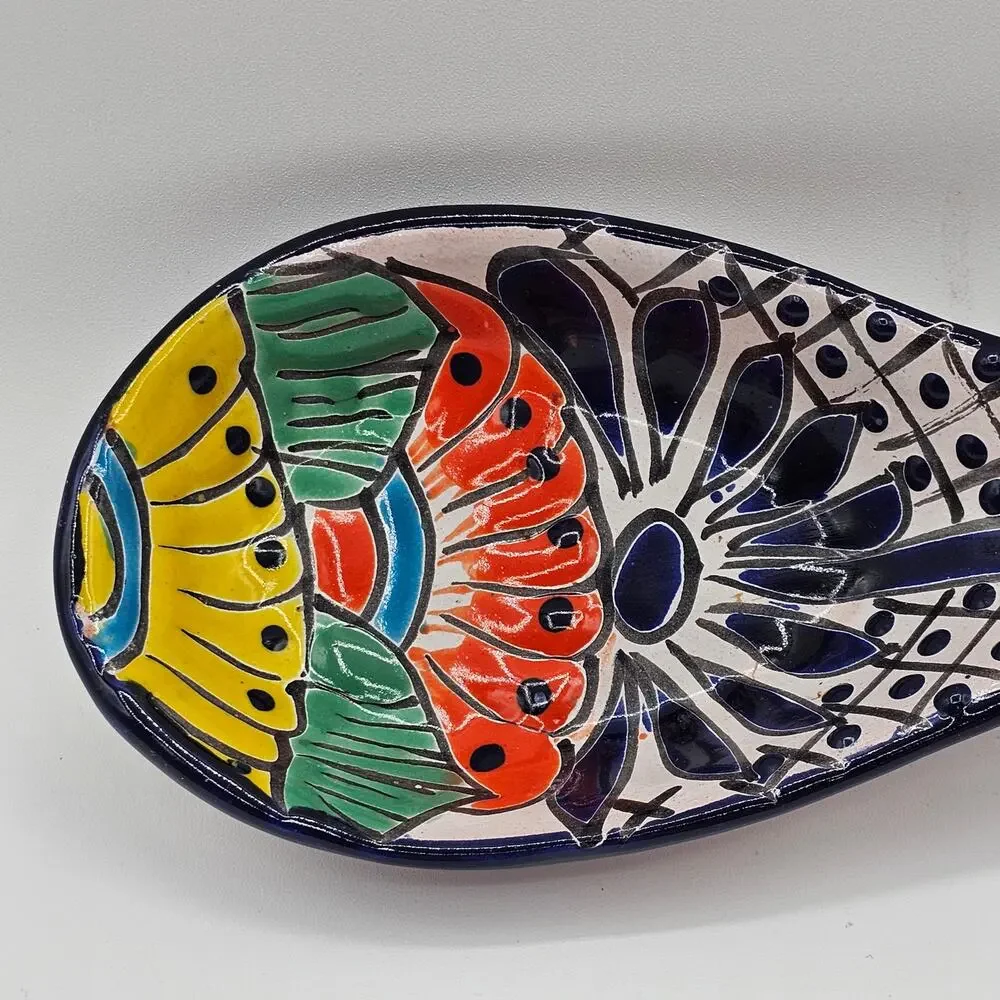 Vintage Mexico Hand Crafted Spoon Rest - Ceramic Hand Painted Geometric Design